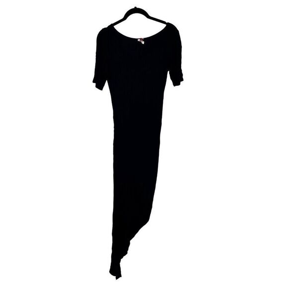 Coco Avante Short Sleeve Jersey Knit Asymmetric Hem Midi Dress Black Large - Picture 6 of 9